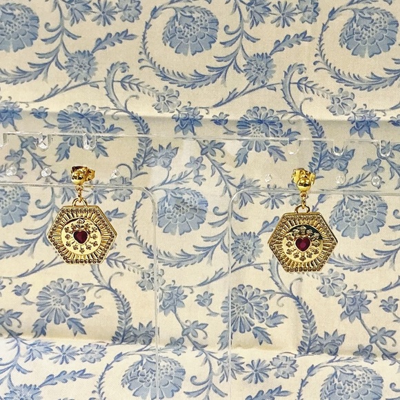 Gold Hexagon Cubic Zirconia CZ with Pink Garnet Earrings - Picture 5 of 9